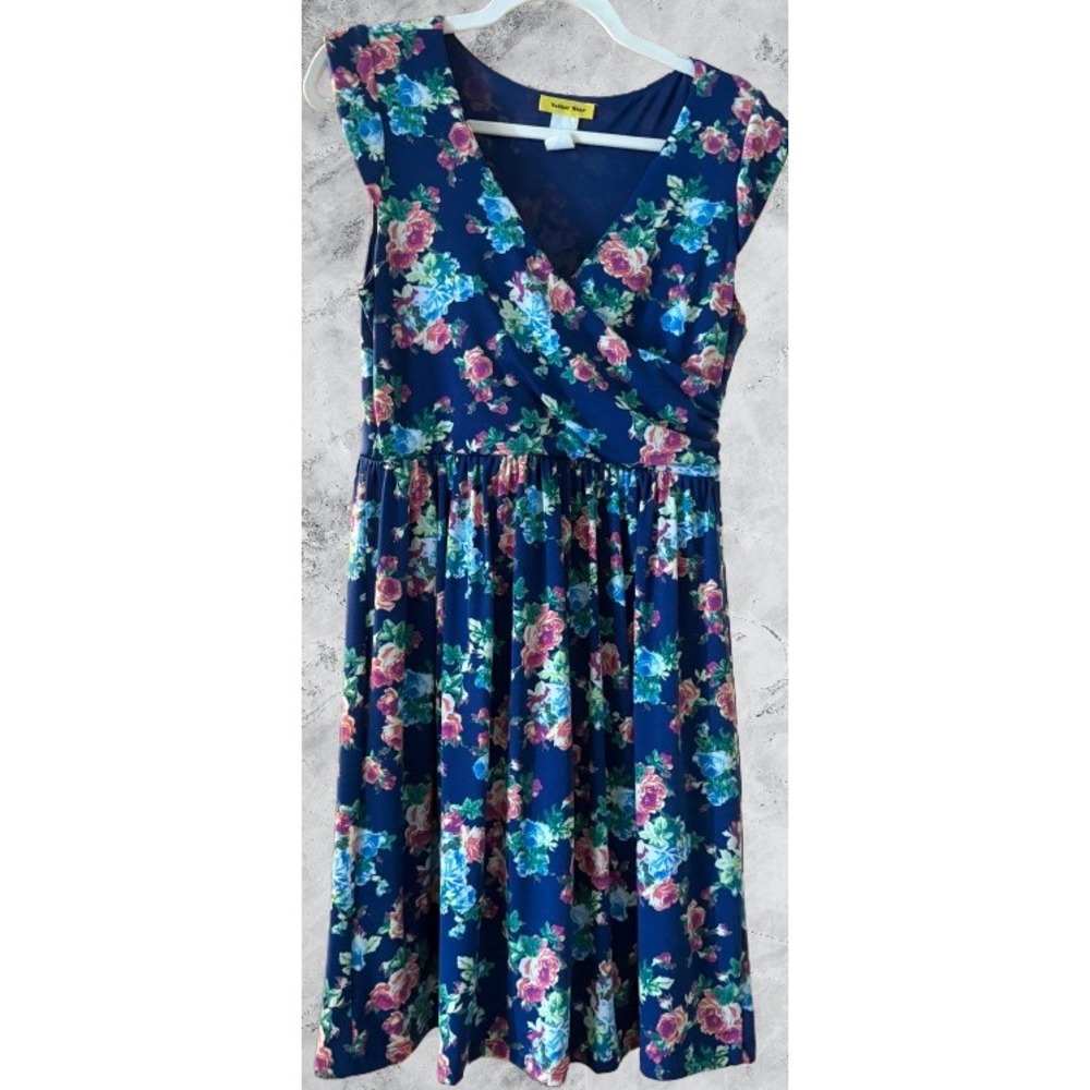 Yellow Star Navy Blue Floral V-Neck Faux Wrap Fit Flare Dress Womens Medium